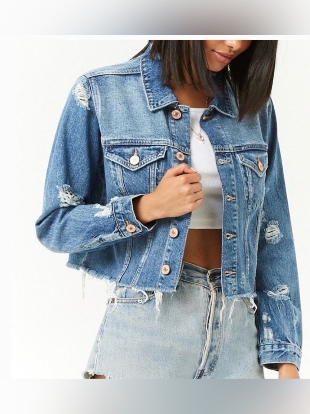 Forever 21 Cropped Distressed Blue Denim Jacket